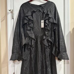 BCBGMaxAzria Black Dress with Silver Metallic Stripes and Ruffle Front